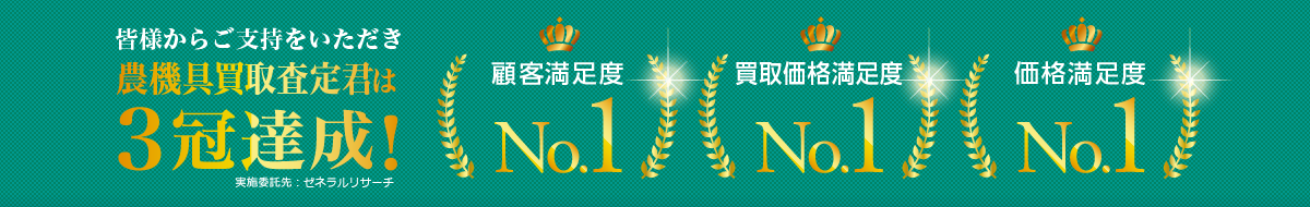 皆様からご支持をいただき農機具買取査定君は3冠達成! 顧客満足度No.1 到着スピードNo.1 価格満足度No.1